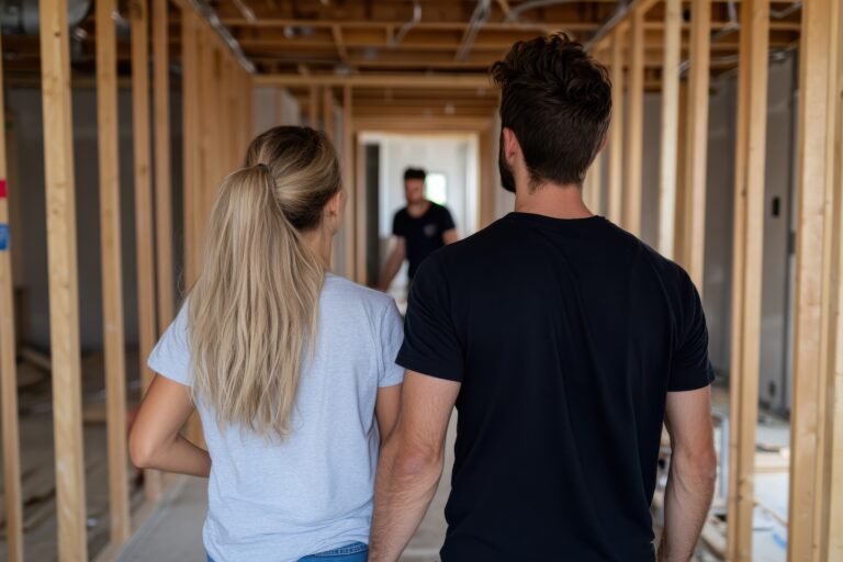 A couple admires their future home as they walk side by side through a partially constructed space, showcasing emotional connection and anticipation for their life together.